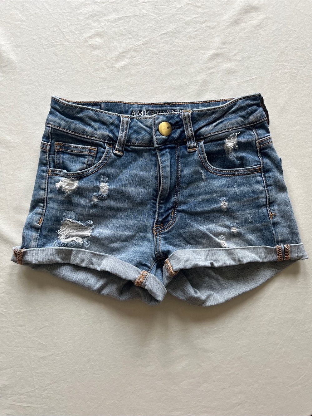 American Eagle Outfitters Blue Distressed Super Stretch Hi-Rise Shortie